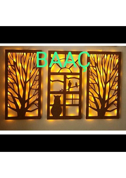 Ahşap Işıklı 3 lü Duvar Tablo Seti