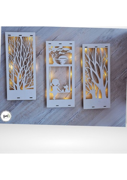 Ahşap Peri Ledli Işıklı 3 Lü Salıncakta Kız Kedi Çiçek Tablo Beyaz