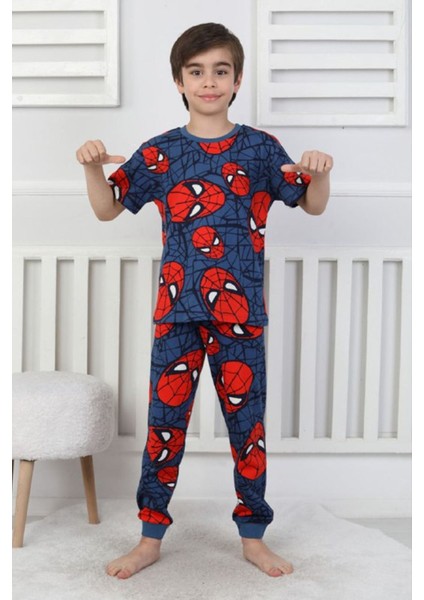 Isob Lacivert Örümcek Adam Desenli %100 Pamuk Kısa Kollu Erkek Çocuk Pijama Takımı 3-8 Yaş 41323-L