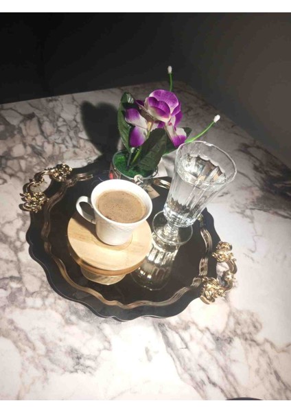 Store 6 Adet Yuvarlak Model Kulplu Gold Dekoratif Çay Kahve Sunum Tepsisi