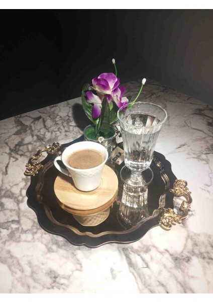 Store 6 Adet Yuvarlak Model Kulplu Gold Dekoratif Çay Kahve Sunum Tepsisi
