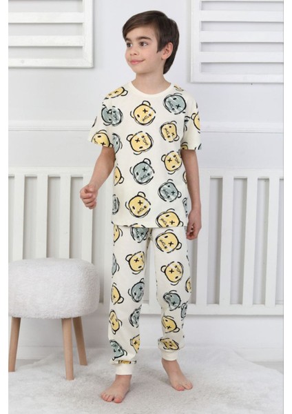 Isob Ekru Gülen Surat Desenli %100 Pamuk Kısa Kollu Erkek Çocuk Pijama Takımı 3-8 Yaş 41322-41510-E