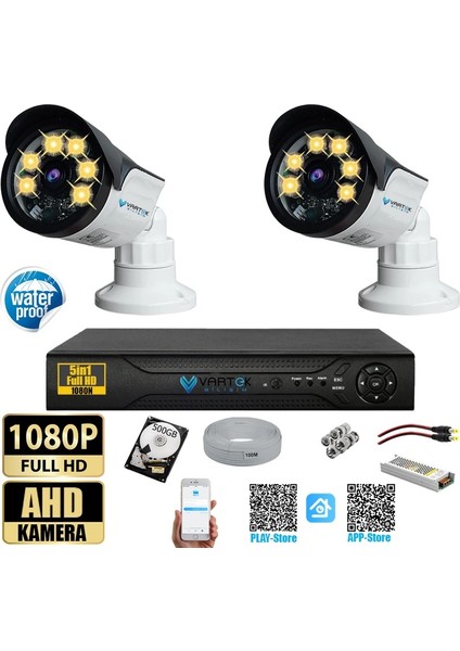 2 Kameralı Set 500 GB HDD Full Hd Gece Görüşlü Güvenlik Kamerası Sistemi-Sabit Ip Gerektirmez-