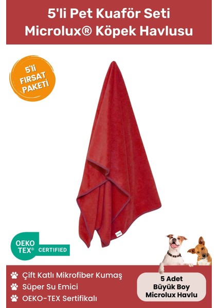 Luxury 5'li Pet Kuaför Havlusu Seti Microlux® Süper Su Emici Hızlı Kuruyan Yıkanabilir Havlu Set - Kırmızı 1 Adet