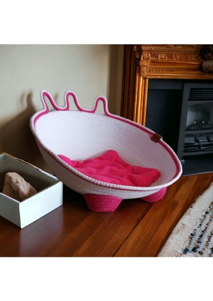 Luxury Decohandy Jüt Pembe-Beyaz Minderli Kedi Yataği 1 Adet