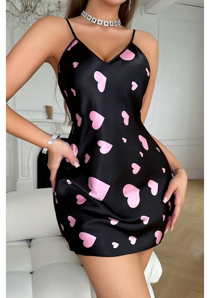 Mulvxbrf BRF02 Pembe Kalp Desenli Siyah Saten Gecelik (Mulvix)
