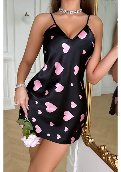 Mulvxbrf BRF02 Pembe Kalp Desenli Siyah Saten Gecelik (Mulvix)