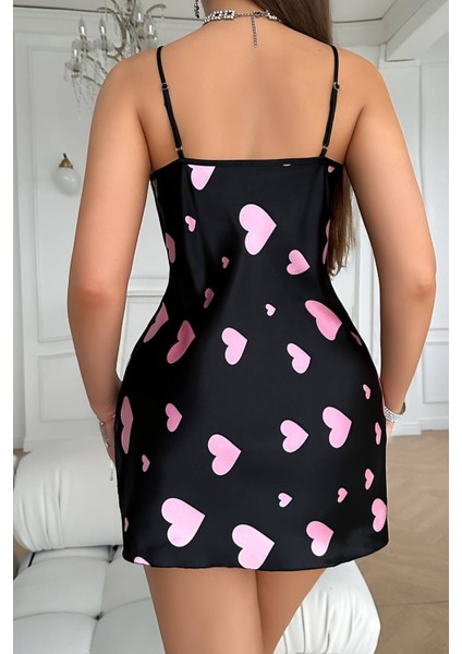 Mulvxbrf BRF02 Pembe Kalp Desenli Siyah Saten Gecelik (Mulvix)