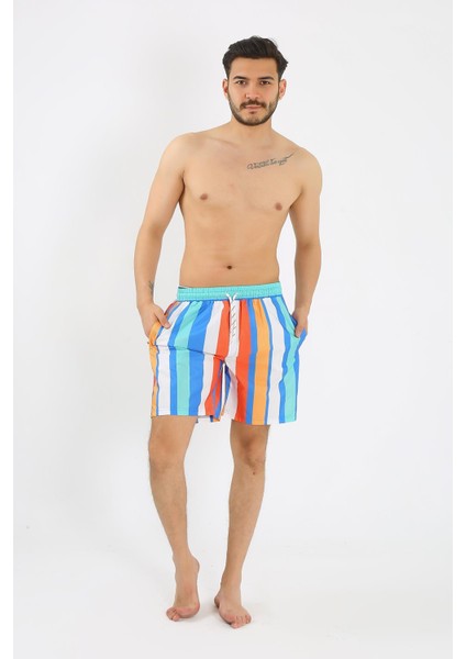 Erkek Desenli Fermuar Cepli Deniz Şortu Mavi 27526