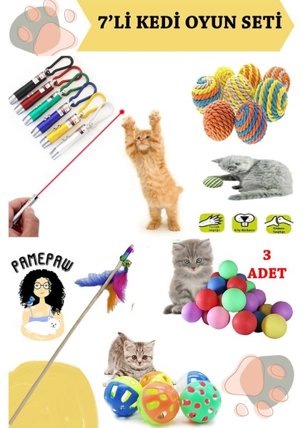 Luxury 7'li Set : Lazer Kedi Oyuncağı , Sarma Top , Olta , 3'lü Mini Top , Çıngıraklı Top 1 Adet