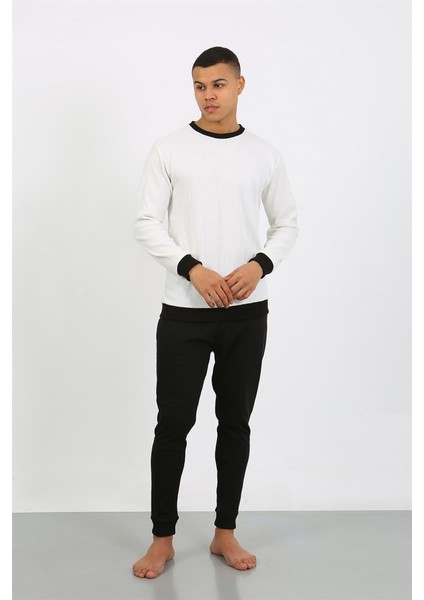 Erkek Uzun Kol Manşetli Paça Penye Pijama Takımı 6870 Beyaz