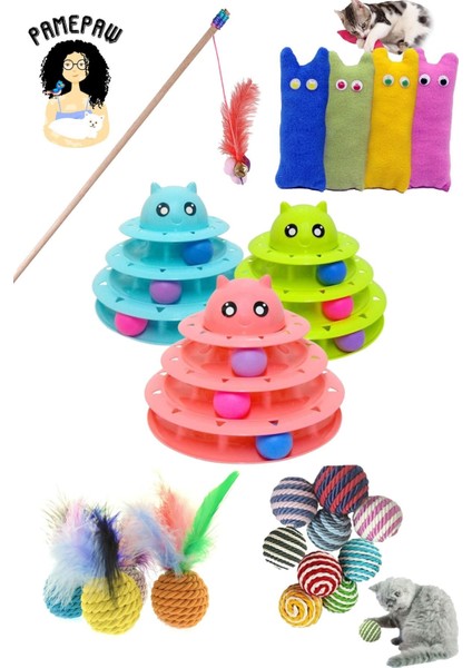 Luxury 5 Li Set 1 Adet 3 Katlı 1ADET Tüylü Olta 1ADET Tüylü Top 1ADET Kedi Naneli Oyuncak 1ADET Sarma Top 1 Adet