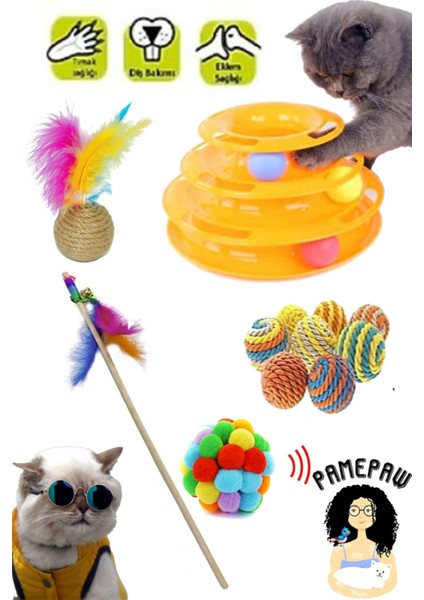 Luxury 5' Li Kedi Oyuncağı Set: Kedi Oltası ,ponpon Top Sesli, 3 Katlı Oyuncak , Tüylü Top , Sarma Top 1 Adet