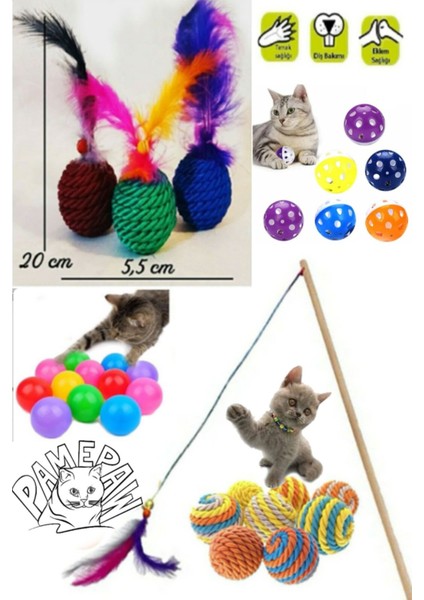 Luxury 5'li Set: Ip Sarma Topu +Renkli Top+ Kedi Oyun Topu Tüylü + Kedi Oltası + Kedi Çıngıraklı Top 1 Adet