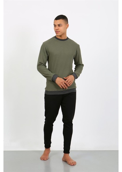 Erkek Uzun Kol Manşetli Paça Penye Pijama Takımı 6870 Haki