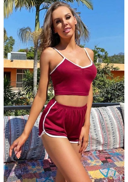 Kadın Bordo Askılı Crop Top ve Şortlu Gecelik Takım