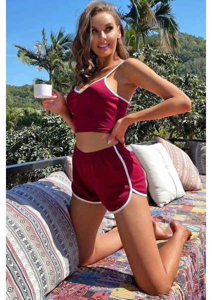 Kadın Bordo Askılı Crop Top ve Şortlu Gecelik Takım