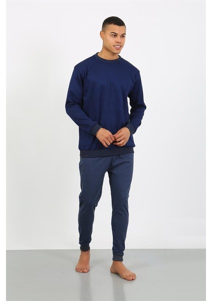 Erkek Uzun Kol Manşetli Paça Penye Pijama Takımı 6870 Lacivert