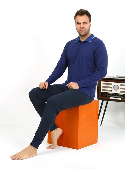 Erkek Polo Yaka Uzun Kol Penye Pijama Takımı- Lacivert fiyatları