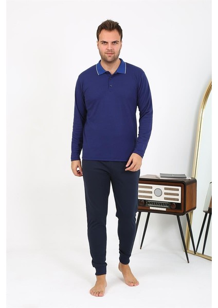 Erkek Polo Yaka Uzun Kol Penye Pijama Takımı- Lacivert modelleri