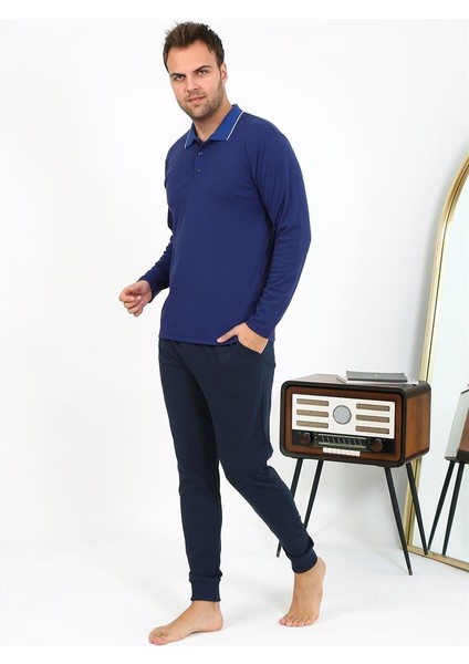 Erkek Polo Yaka Uzun Kol Penye Pijama Takımı- Lacivert fırsatları