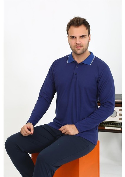 Erkek Polo Yaka Uzun Kol Penye Pijama Takımı- Lacivert indirimleri