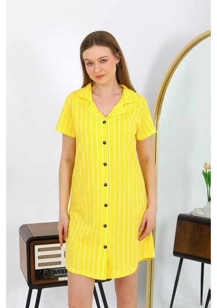 Kadın Pamuk Penye Kısa Kol Düğmeli Sarı Tunik Gecelik 13111