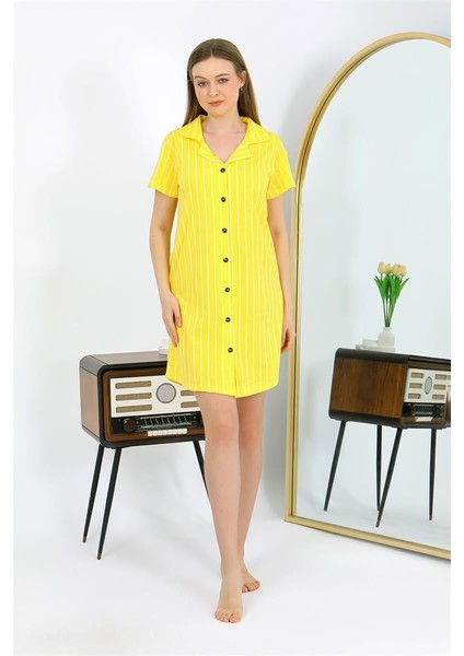 Kadın Pamuk Penye Kısa Kol Düğmeli Sarı Tunik Gecelik 13111 indirimleri