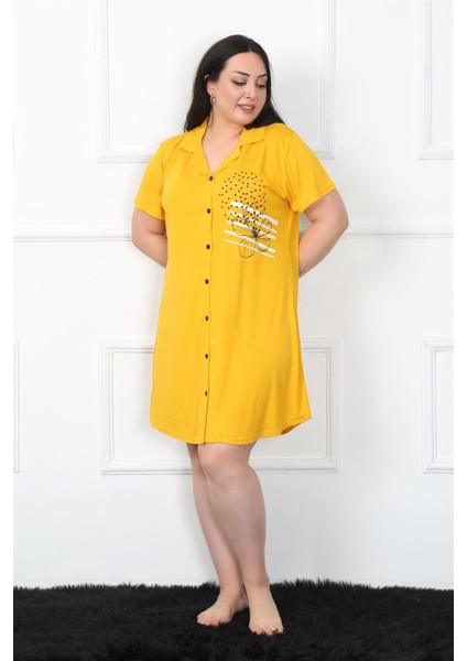 Büyük Beden Penye Düğmeli Sarı Tunik Gecelik 1025 modelleri