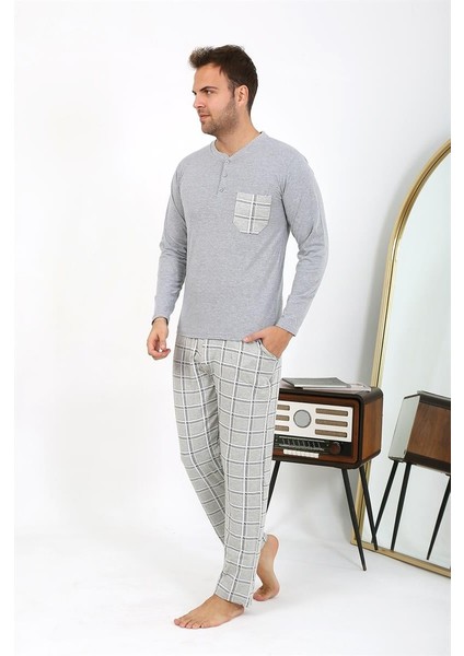 Erkek Uzun Kol Penye Gri Pijama Takımı 6861 modelleri