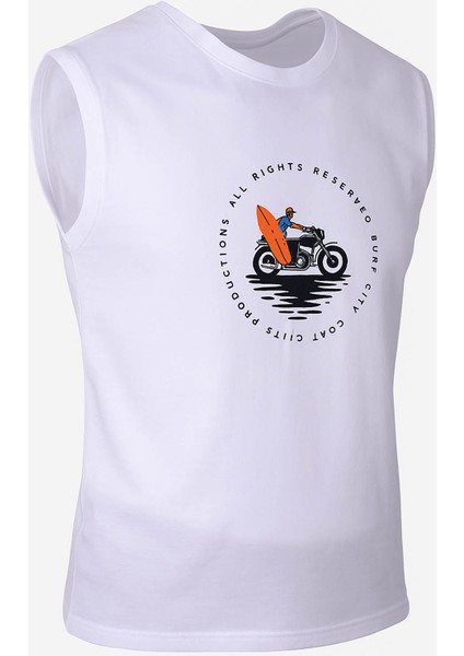 Motorsiklet Baskı Beyaz Erkek Kolsuz T-Shirt