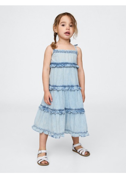 Kız Bebek Mavi Volanlı Katmanlı Denim Elbise