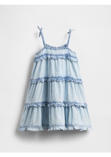 Kız Bebek Mavi Volanlı Katmanlı Denim Elbise