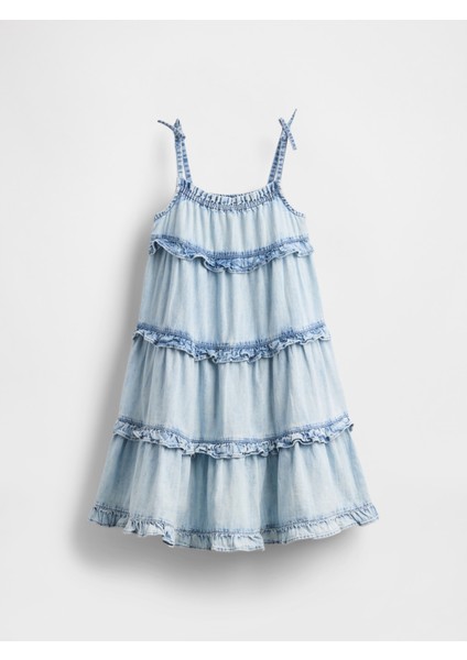 Kız Bebek Mavi Volanlı Katmanlı Denim Elbise