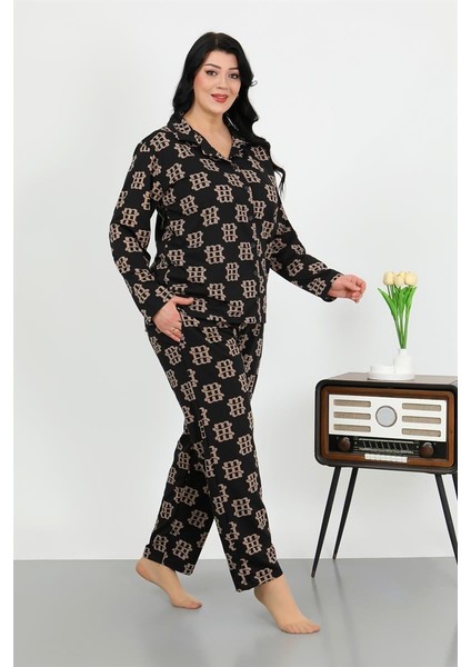 Kadın Büyük Beden Pamuklu Cepli Düğmeli Siyah Pijama Takım 202506 fiyatları