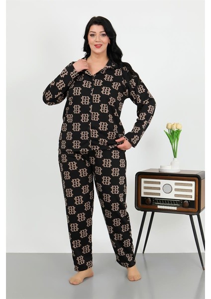 Kadın Büyük Beden Pamuklu Cepli Düğmeli Siyah Pijama Takım 202506 modelleri