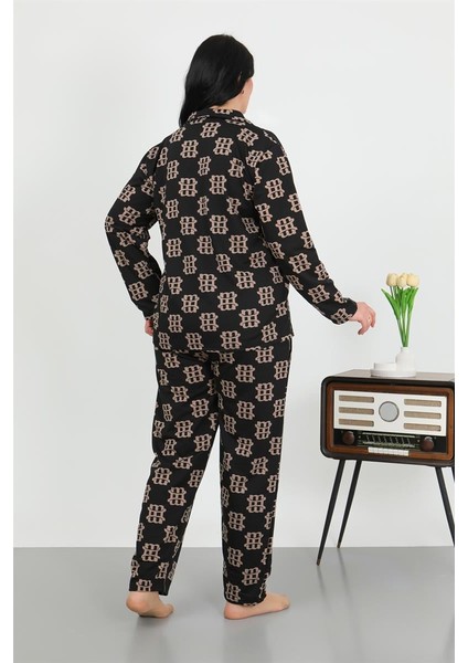 Kadın Büyük Beden Pamuklu Cepli Düğmeli Siyah Pijama Takım 202506 fırsatları