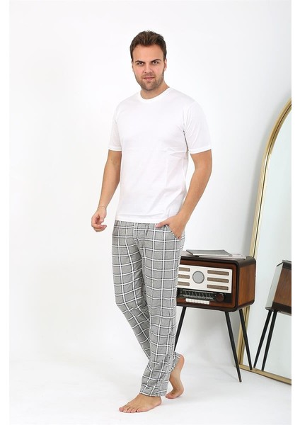 Erkek Ekoseli Desen Penye Tek Alt Pijama 27540 Gri