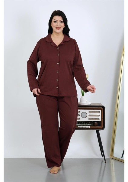 Modaserdem Kadın Büyük Beden Pamuklu Cepli Düğmeli Mürdüm Pijama Takım 202504