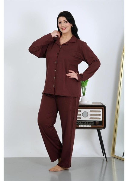 Modaserdem Kadın Büyük Beden Pamuklu Cepli Düğmeli Mürdüm Pijama Takım 202504