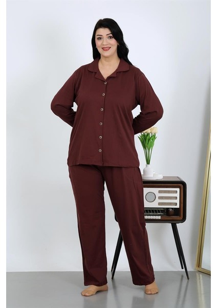 Modaserdem Kadın Büyük Beden Pamuklu Cepli Düğmeli Mürdüm Pijama Takım 202504