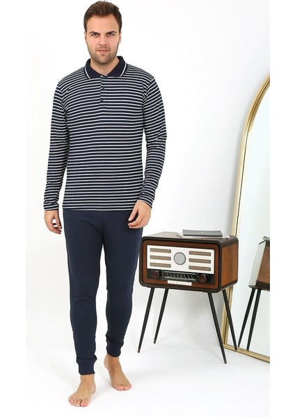 Erkek Polo Yaka Uzun Kol Penye Pijama Takımı Lacivert 6864 modelleri