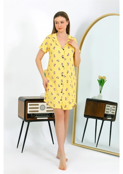 Kadın Pamuk Penye Kısa Kol Düğmeli Sarı Tunik Gecelik 13112 modelleri