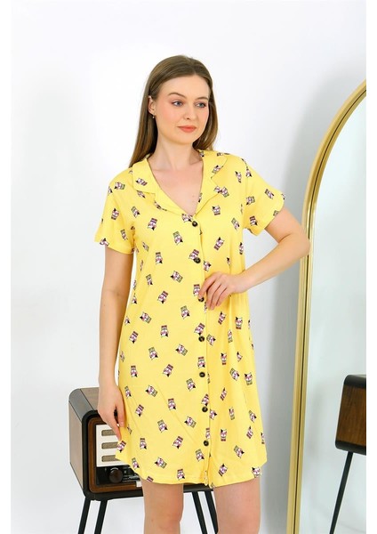 Kadın Pamuk Penye Kısa Kol Düğmeli Sarı Tunik Gecelik 13112 indirimleri