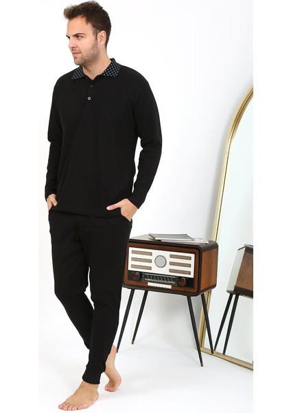 Erkek Polo Yaka Uzun Kol Penye Pijama Takımı Siyah 6864