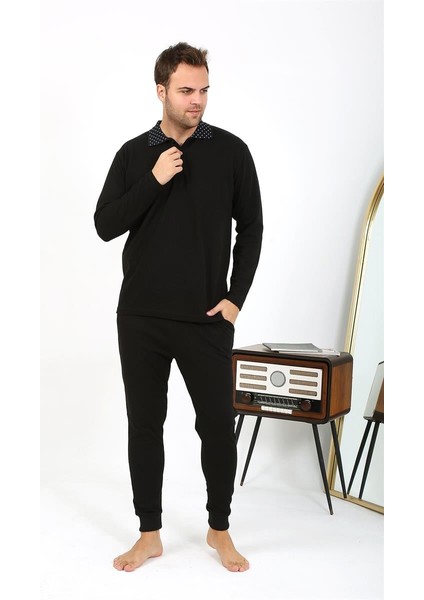 Erkek Polo Yaka Uzun Kol Penye Pijama Takımı Siyah 6864 modelleri