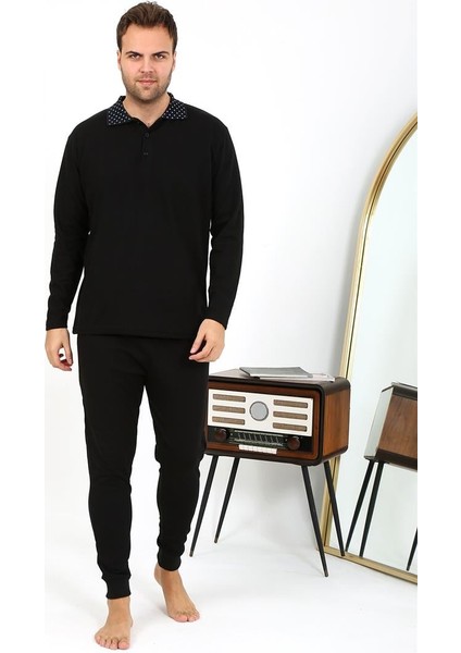 Erkek Polo Yaka Uzun Kol Penye Pijama Takımı Siyah 6864 indirimleri