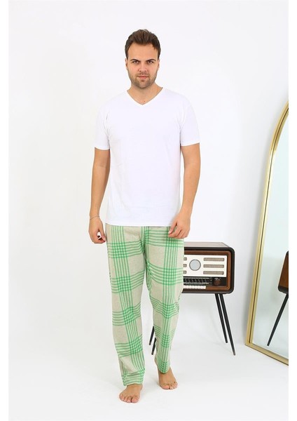 Erkek Ekoseli Desen Penye Tek Alt Pijama 27540 Yeşil modelleri