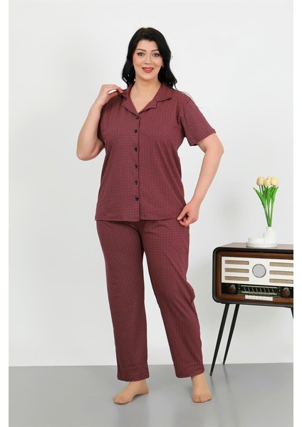 Modaserdem Kadın Büyük Beden Pamuklu Cepli Düğmeli Mor Pijama Takım 202507