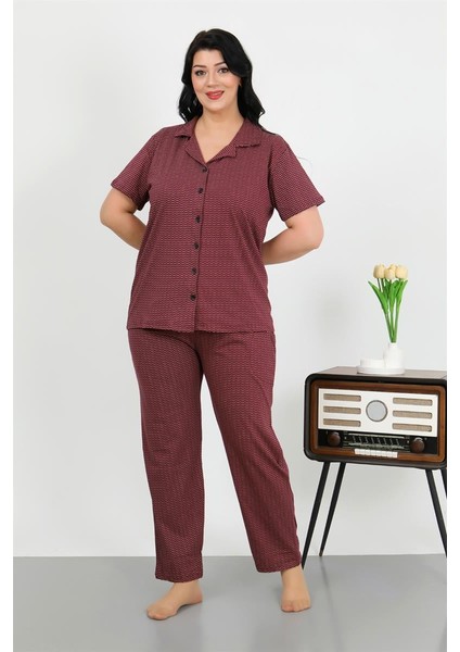 Modaserdem Kadın Büyük Beden Pamuklu Cepli Düğmeli Mor Pijama Takım 202507